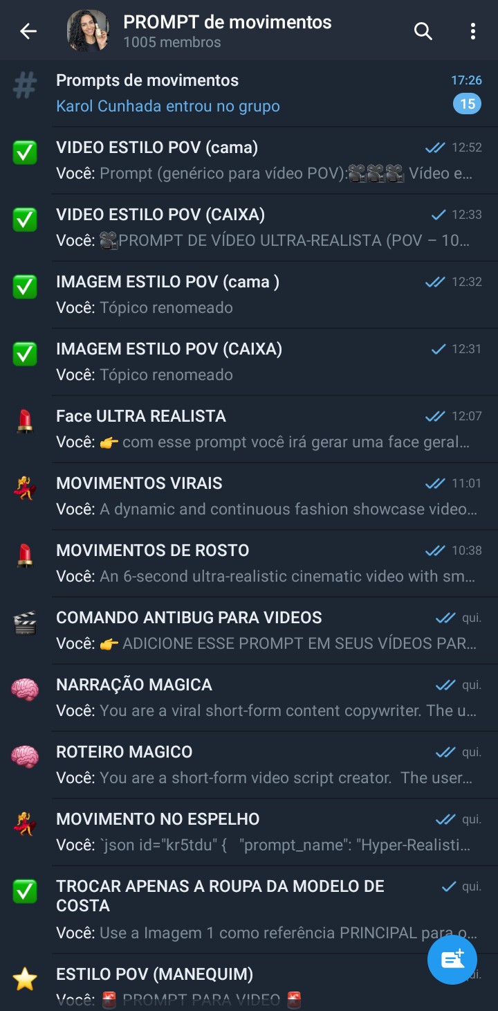 Grupo do Genius Prompt Club no Telegram organizado por categorias