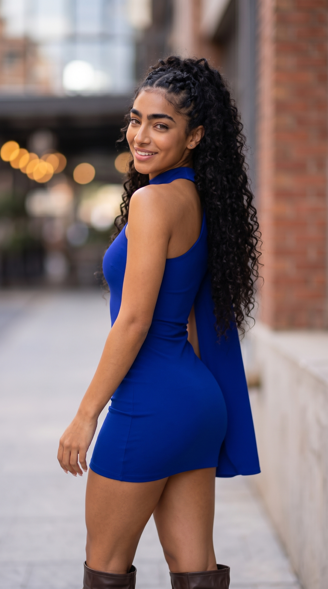 Modelo criada com IA — vestido azul em cena urbana